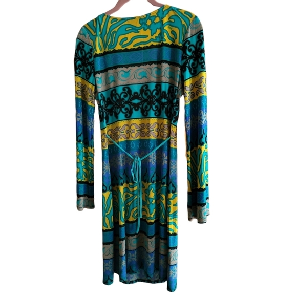 Hale Bob 100% Silk Beaded Trim Funky Print Dress Medium Long Sleeve Boho 90s - Picture 3 of 10